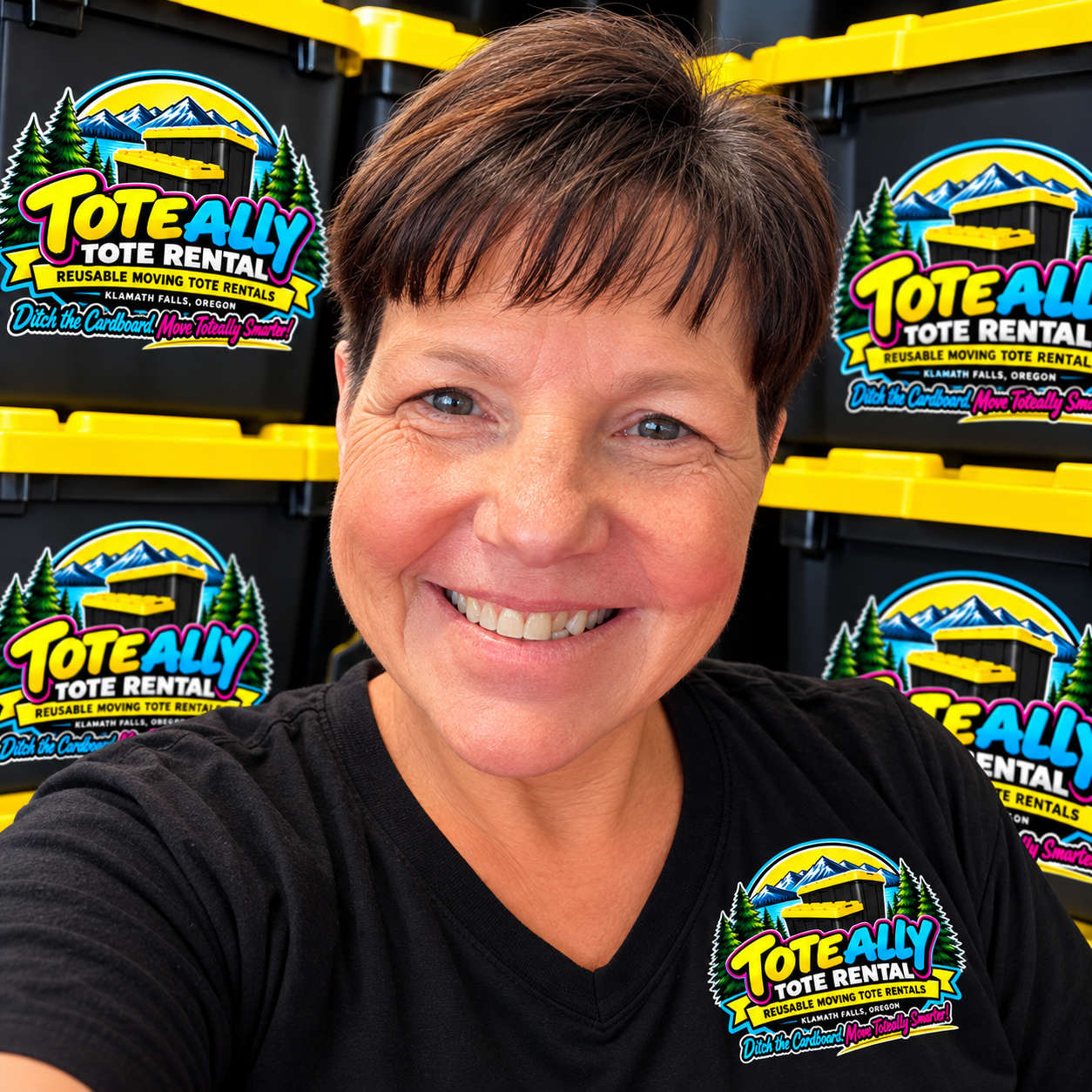 Pamala Dame-Blanchette, owner of Toteally Tote Rental, surrounded by her black and yellow totes